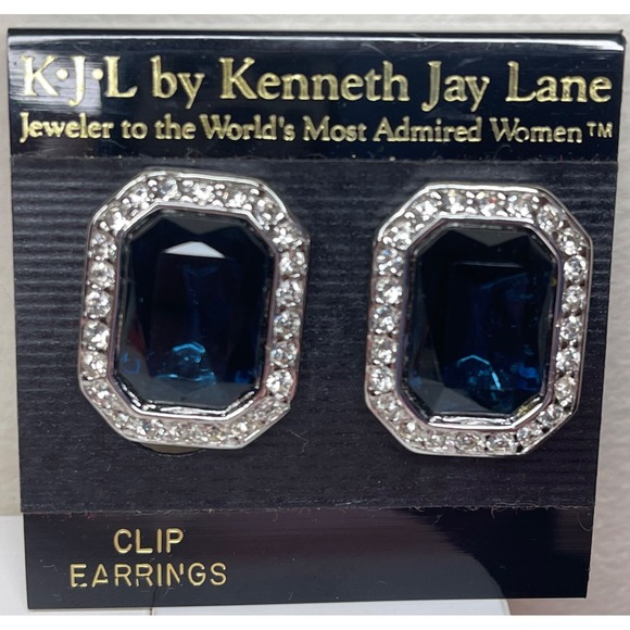 Vintage KJL Kenneth Jay Lane Princess Diana Blue Rhinestone Clip On Earrings - Picture 1 of 13
